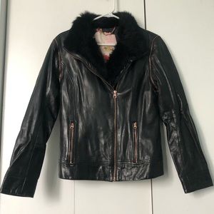 EUC Ted Baker Leather Jacket with Shearling Collar and Removable Sleeves